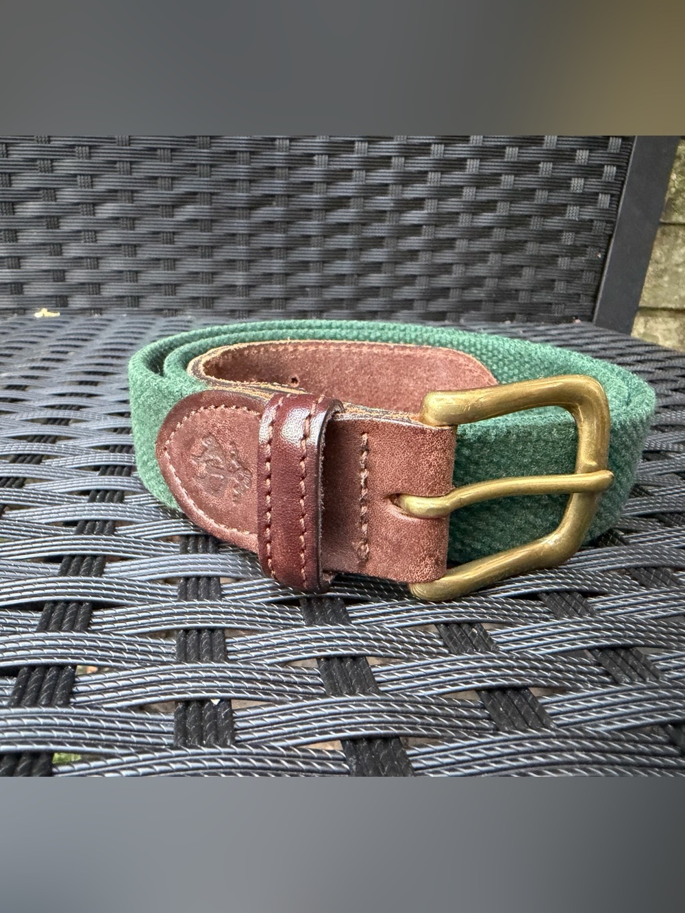 Vintage Rare Brooks Brothers Green Canvas Leather Belt Solid Brass Buckle 42”